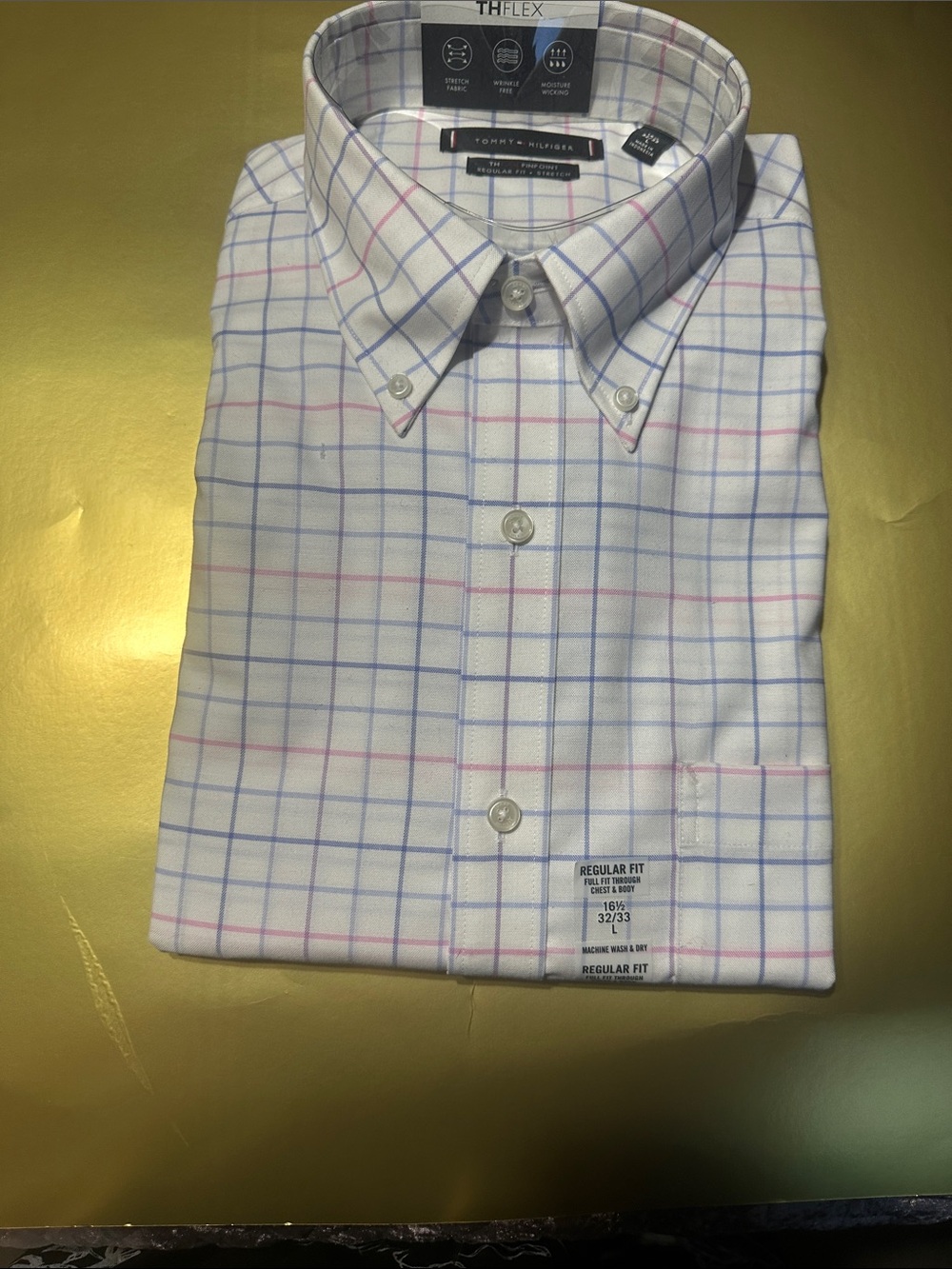 Tommy Hilfiger White Button-Down Dress Shirt with Blue and Pink Windowpane